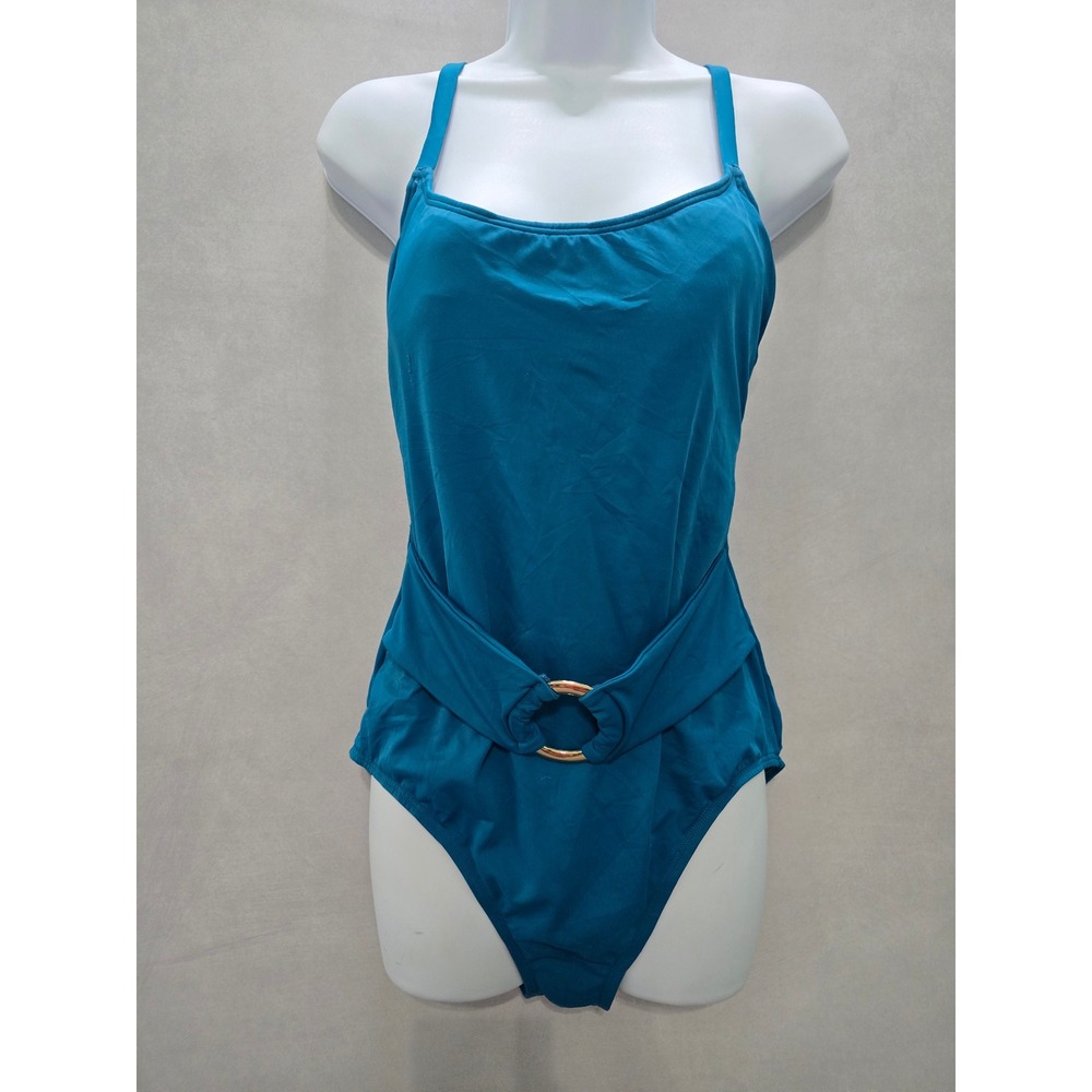 Green One Piece Crisscross Swimsuit Beach Vacation Resort Time and Tru Large 12
